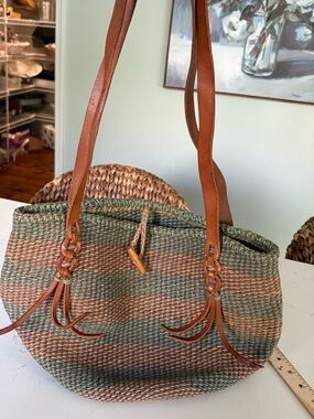 Denim & Supply Ralph Lauren Green and Brown Woven Tote with Leather Straps